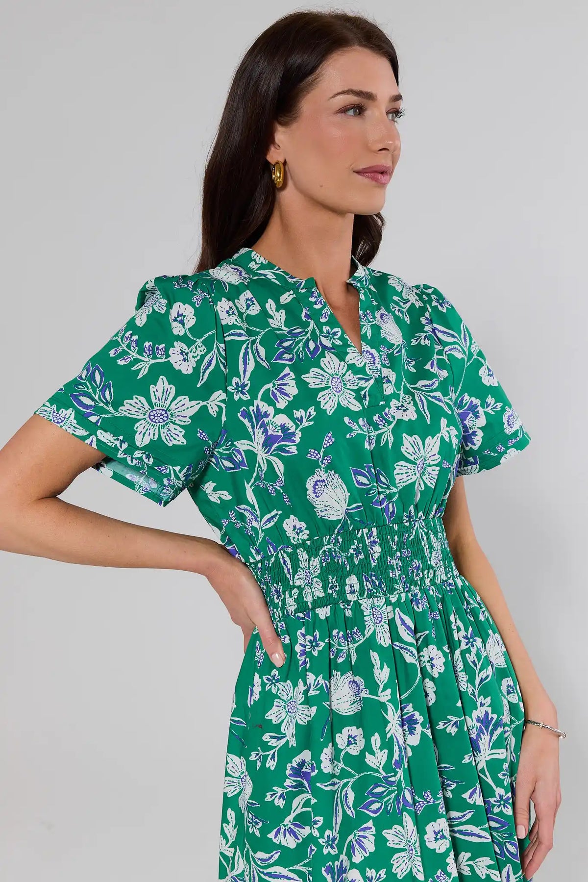 Isabella Green Floral Maxi Dress - Close-Up of V-Neckline & Smocked Waist Detail | Avara