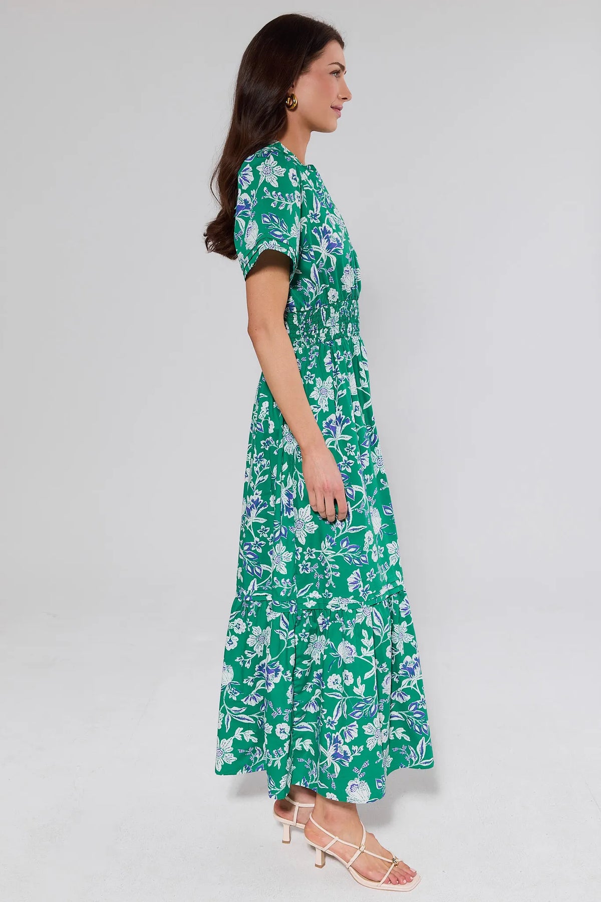 Isabella Green Floral Maxi Dress - Side View, Tiered Skirt & Short Flutter Sleeves | Avara