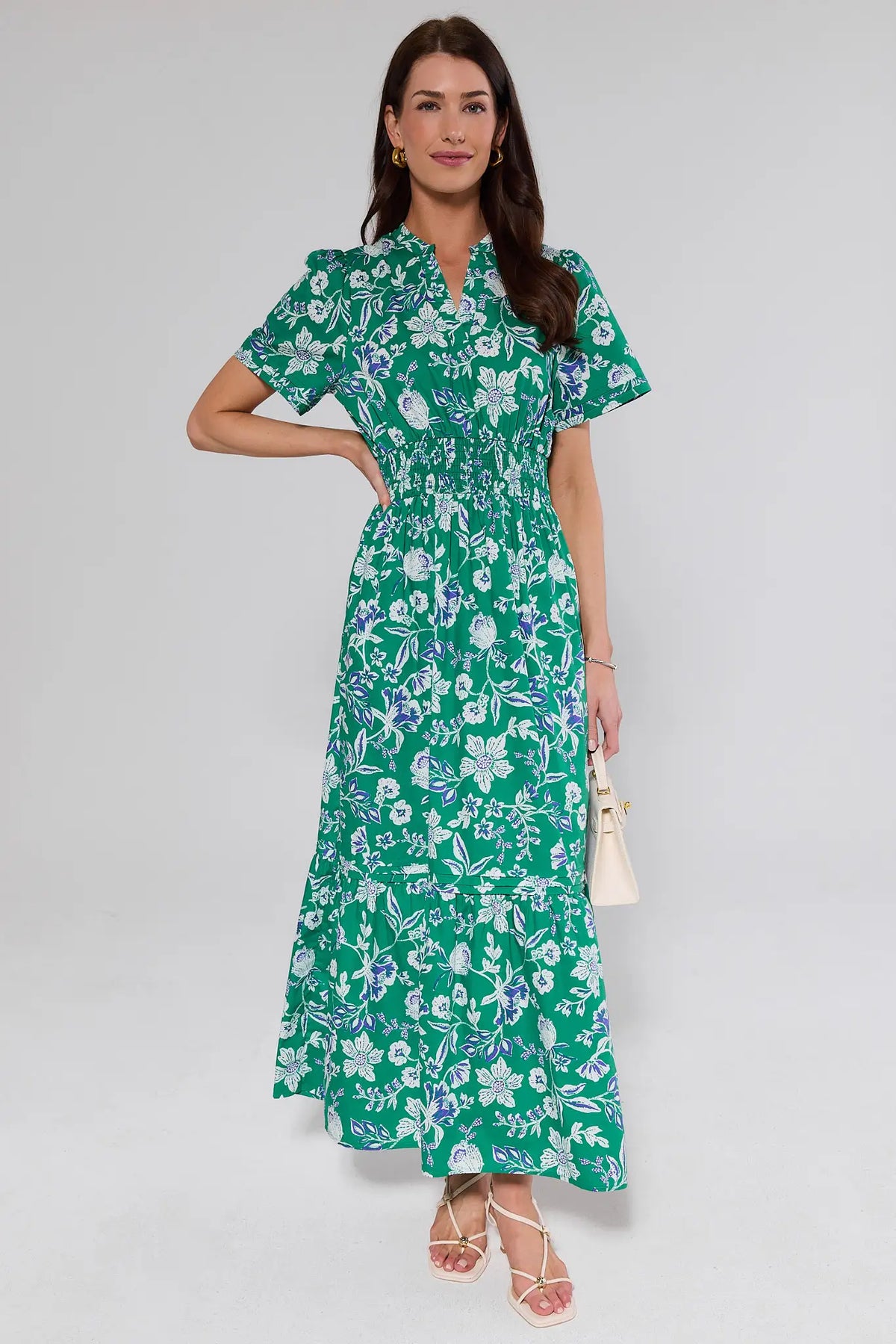 Isabella Green Floral Maxi Dress - Front View, Smocked Waist & Short Sleeves | Avara