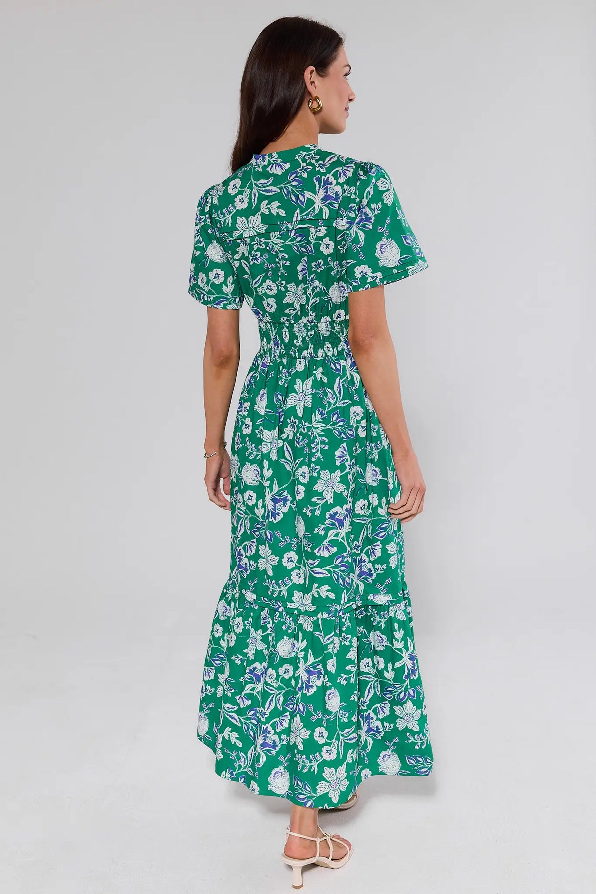 Isabella Green Floral Maxi Dress - Back View, Smocked Waist & Tiered Hem | Avara
