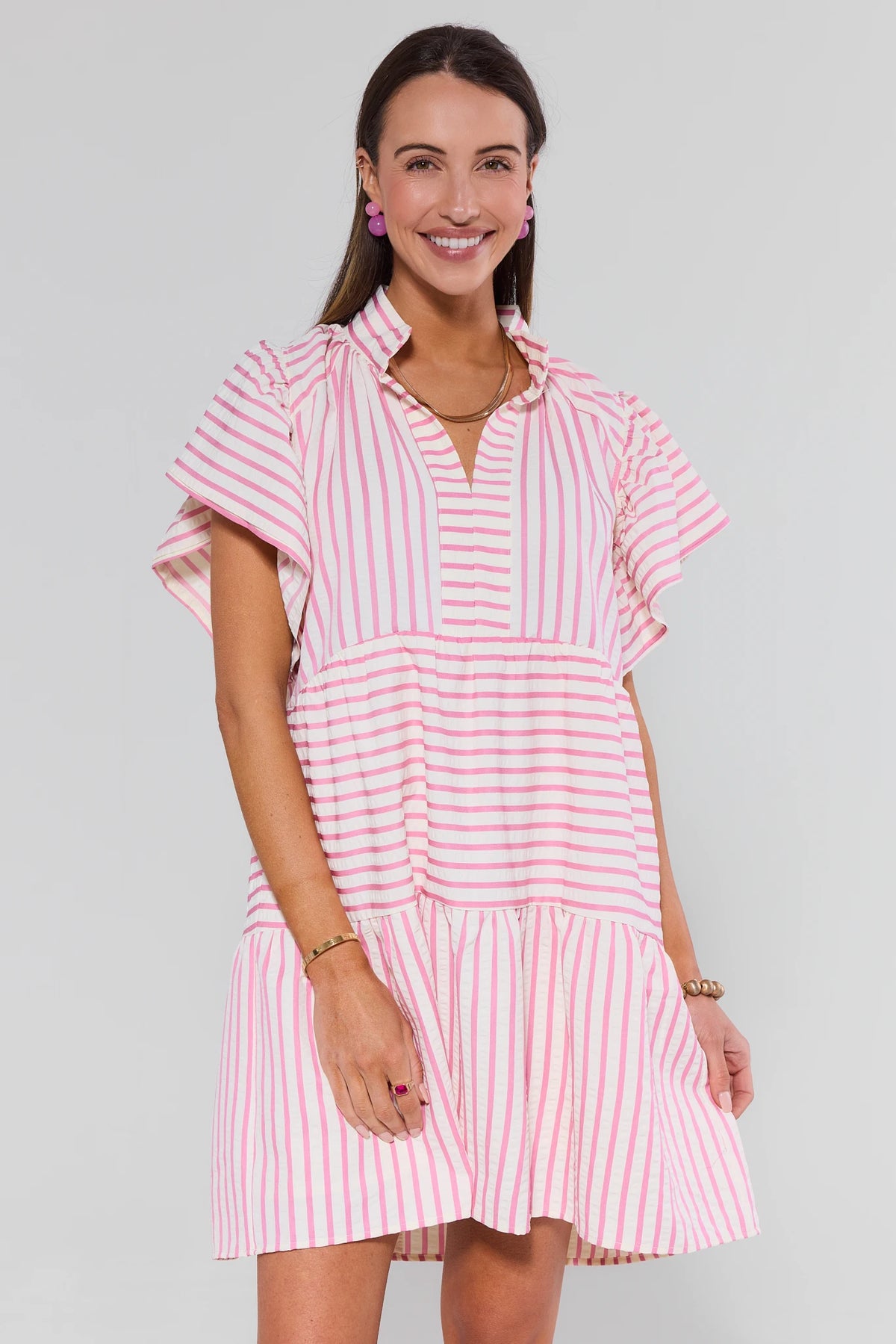 Lorelei Pink Striped Short Dress - Tiered A-Line Front View, Ruffle Collar | Avara