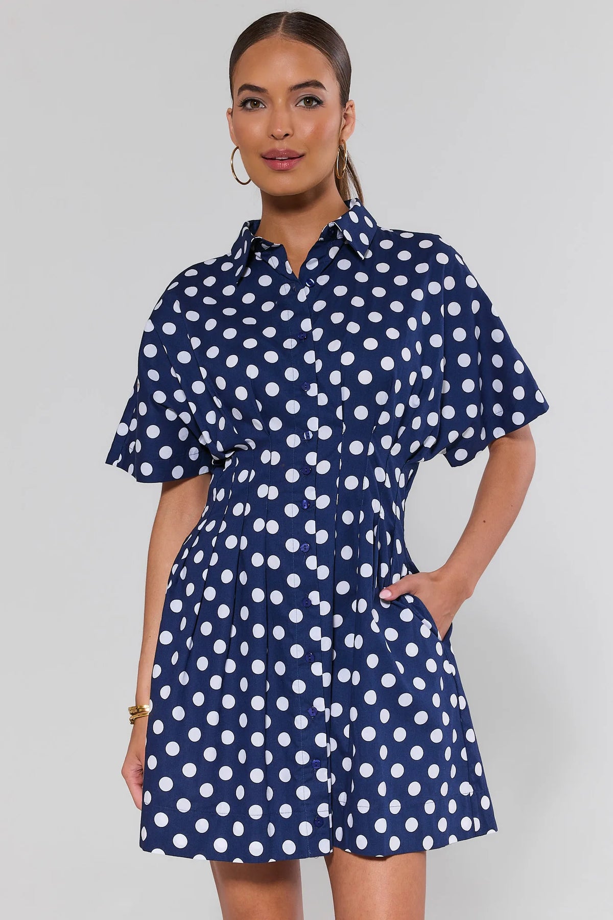 Addison Navy Polka Dot Short Dress, button-front shirt dress with flutter sleeves - Front View | Avara