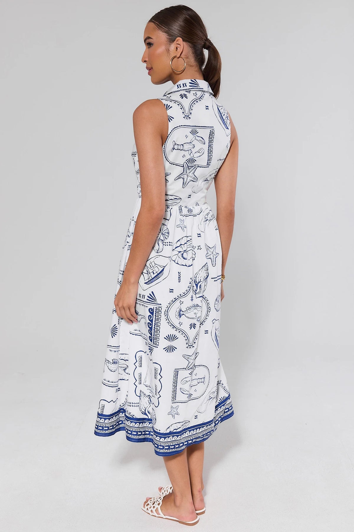 Kinsley White Printed Maxi Dress nautical icon print A-line silhouette - Back View On Model | Avara