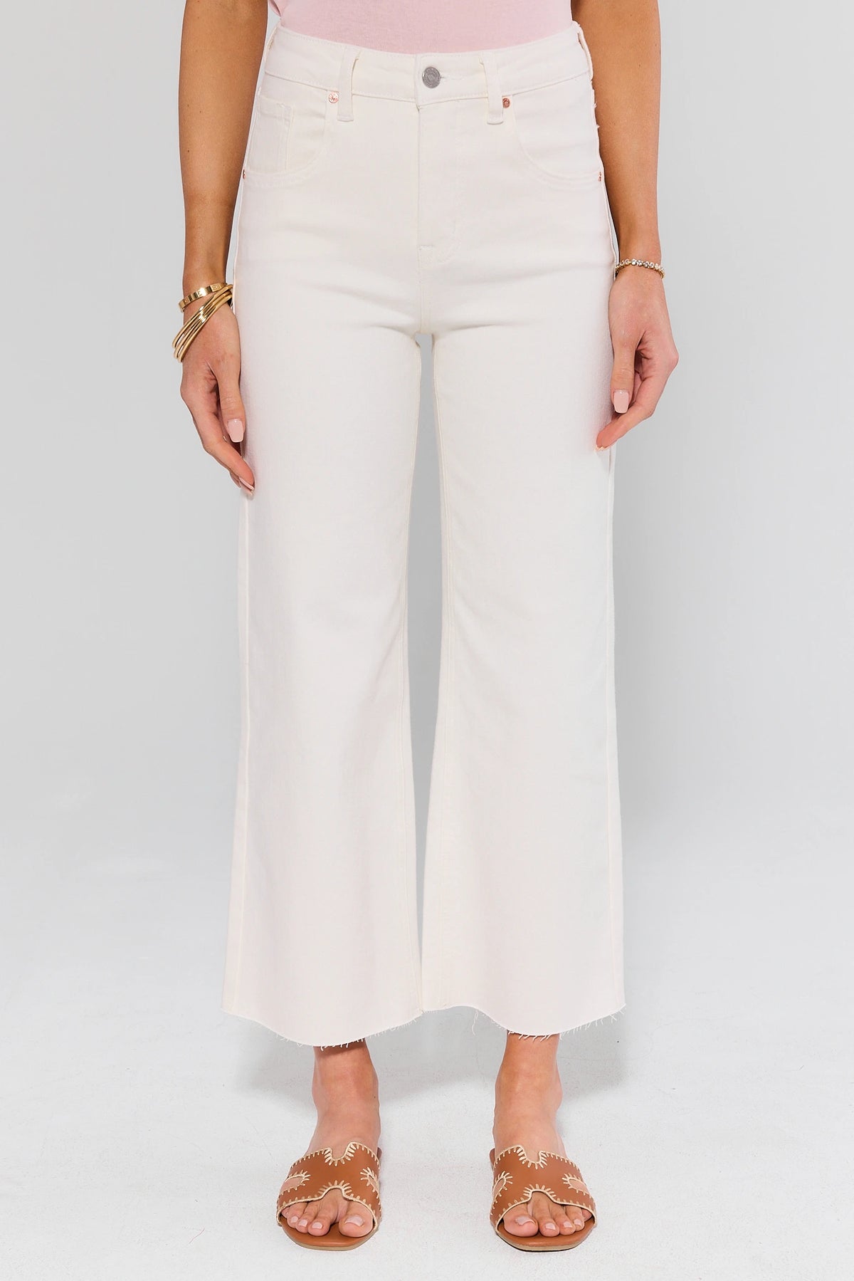 Caroline Ecru Straight Leg Jeans by Bayeas, high-rise with raw hem, front view styled with tan sandals | Avara