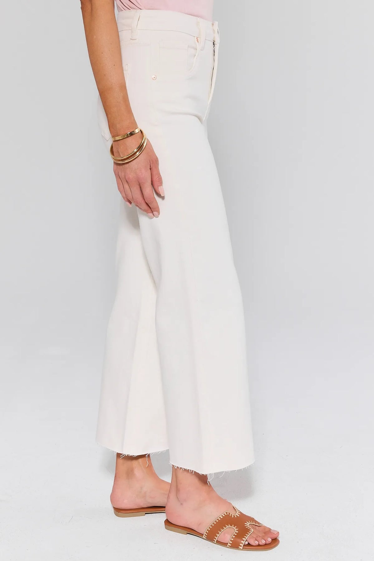 Caroline Ecru Straight Leg Jeans by Bayeas, side view showing high-rise waist and raw frayed hem detail | Avara