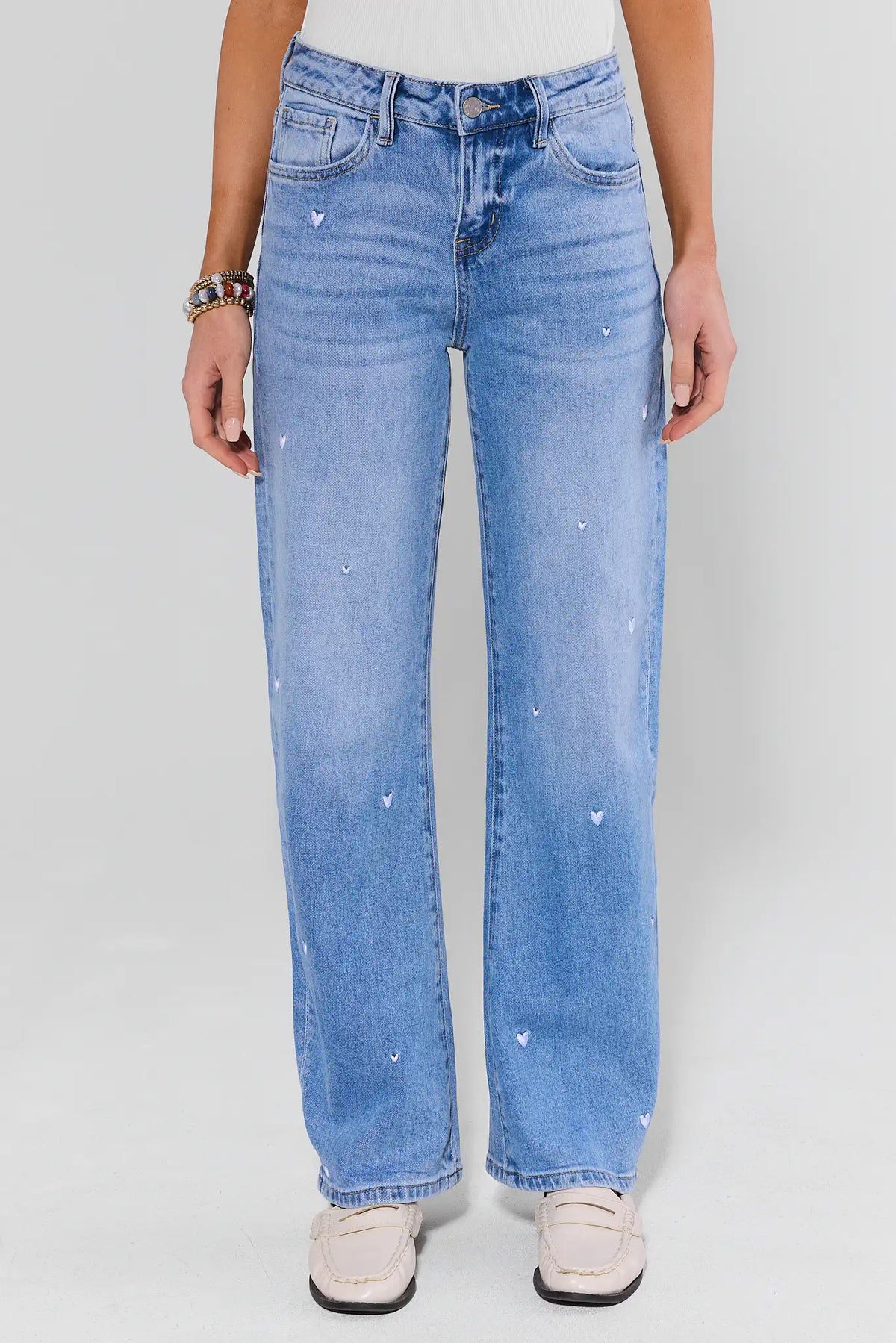 Hadley Medium Wash Heart Embroidered Wide-Leg Jeans - Front View | Avara