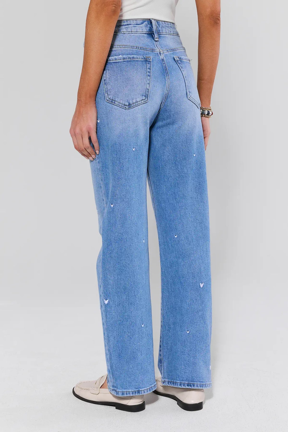 Hadley Medium Wash Heart Embroidered Wide-Leg Jeans - Back View | Avara