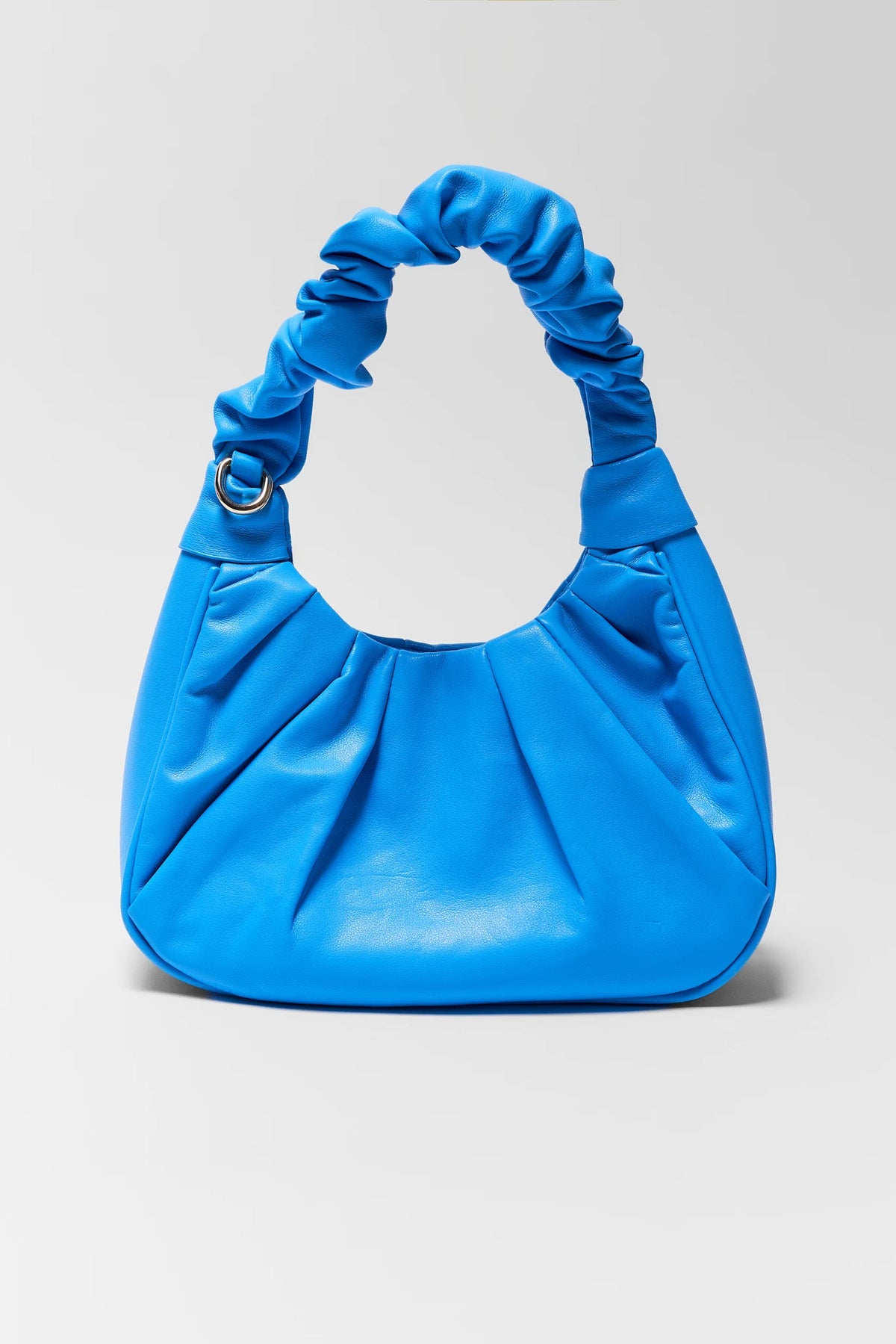 Berkley Blue Faux Leather Shoulder Bag with ruched handle - Front View | Avara