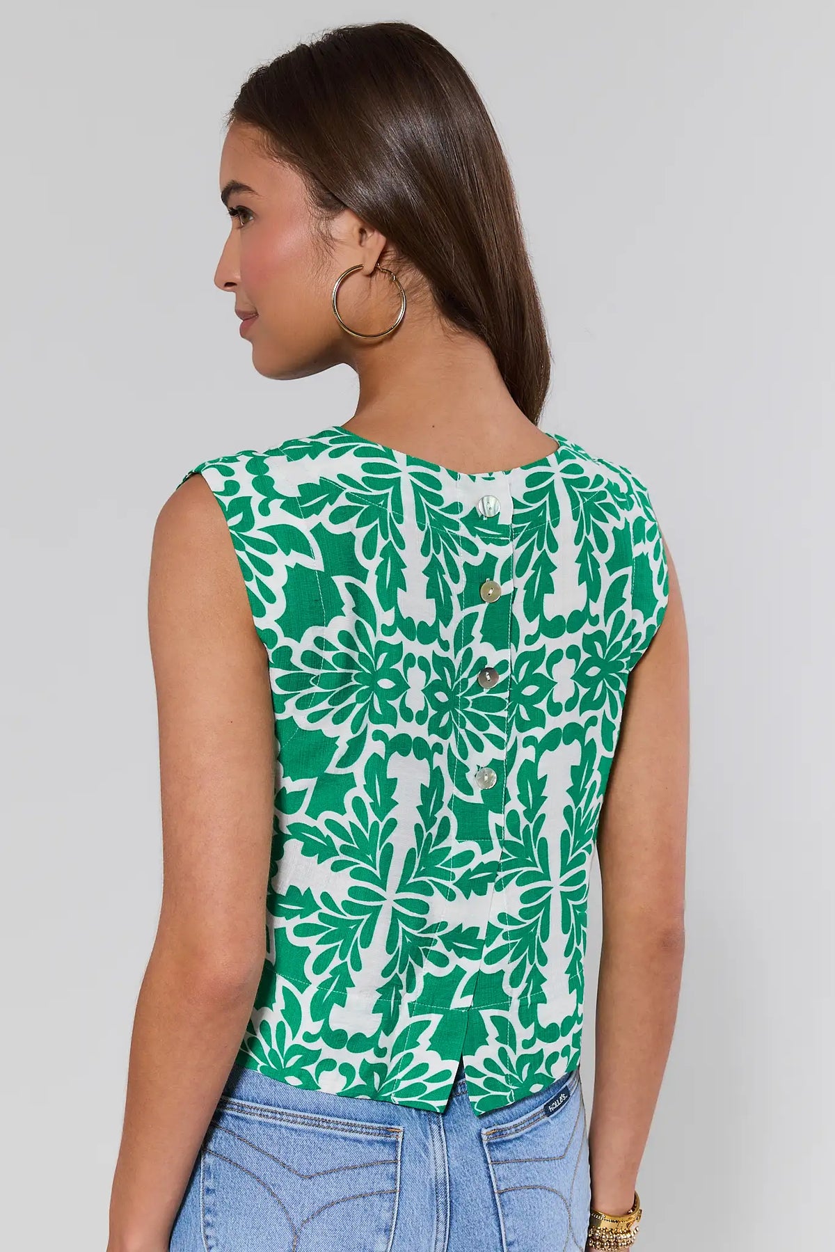 Margot Green Printed Top back view showing button closure detail, abstract floral print | Avara