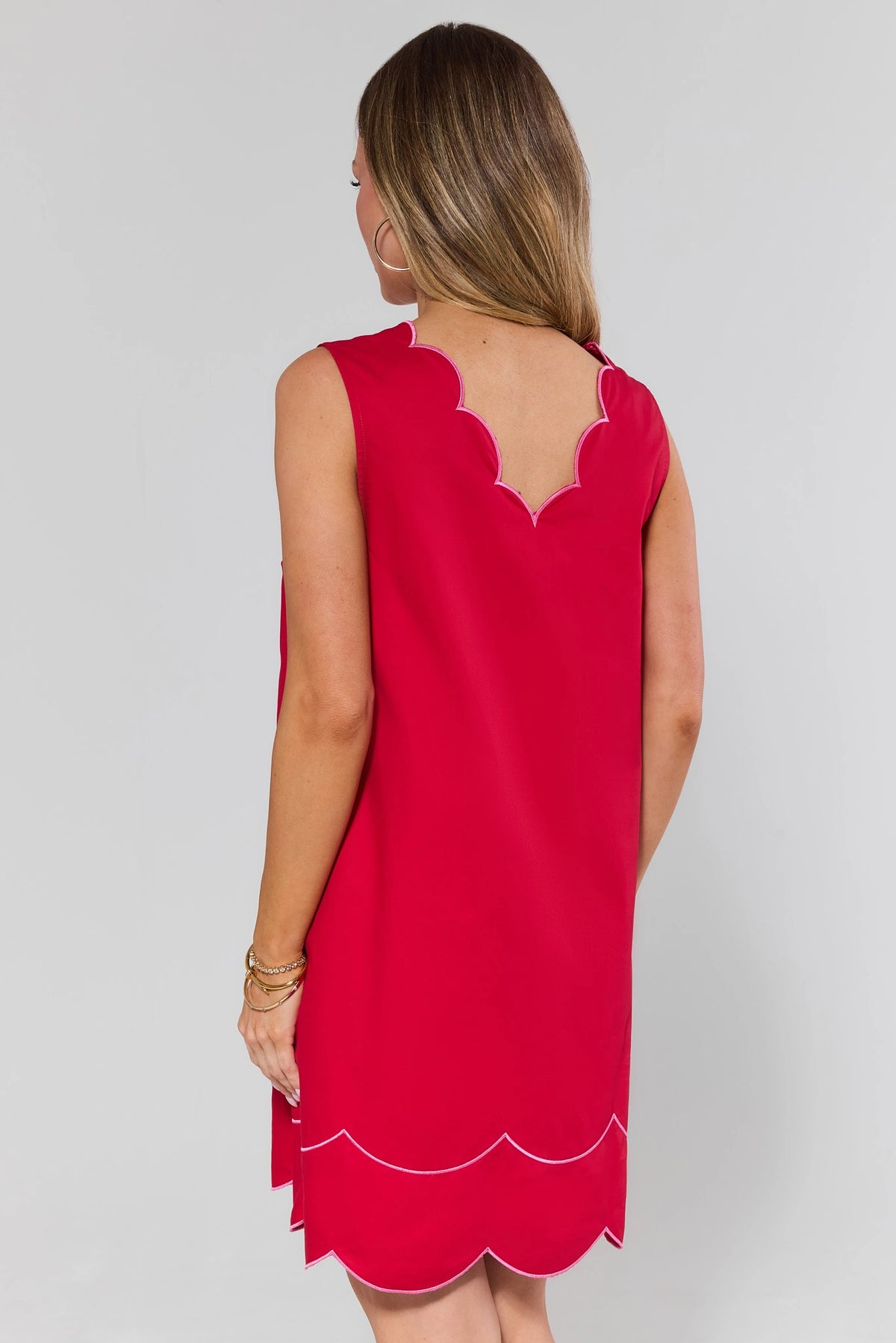Ella Red Scalloped Sleeveless Dress with pink trim scalloped back neckline - Back View | Avara