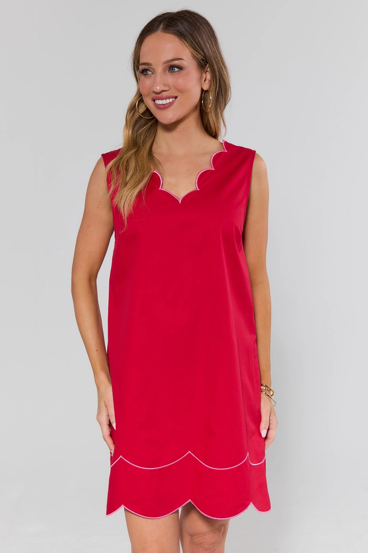 Ella Red Scalloped A-Line Dress with pink trim neckline - Front View On Model | Avara