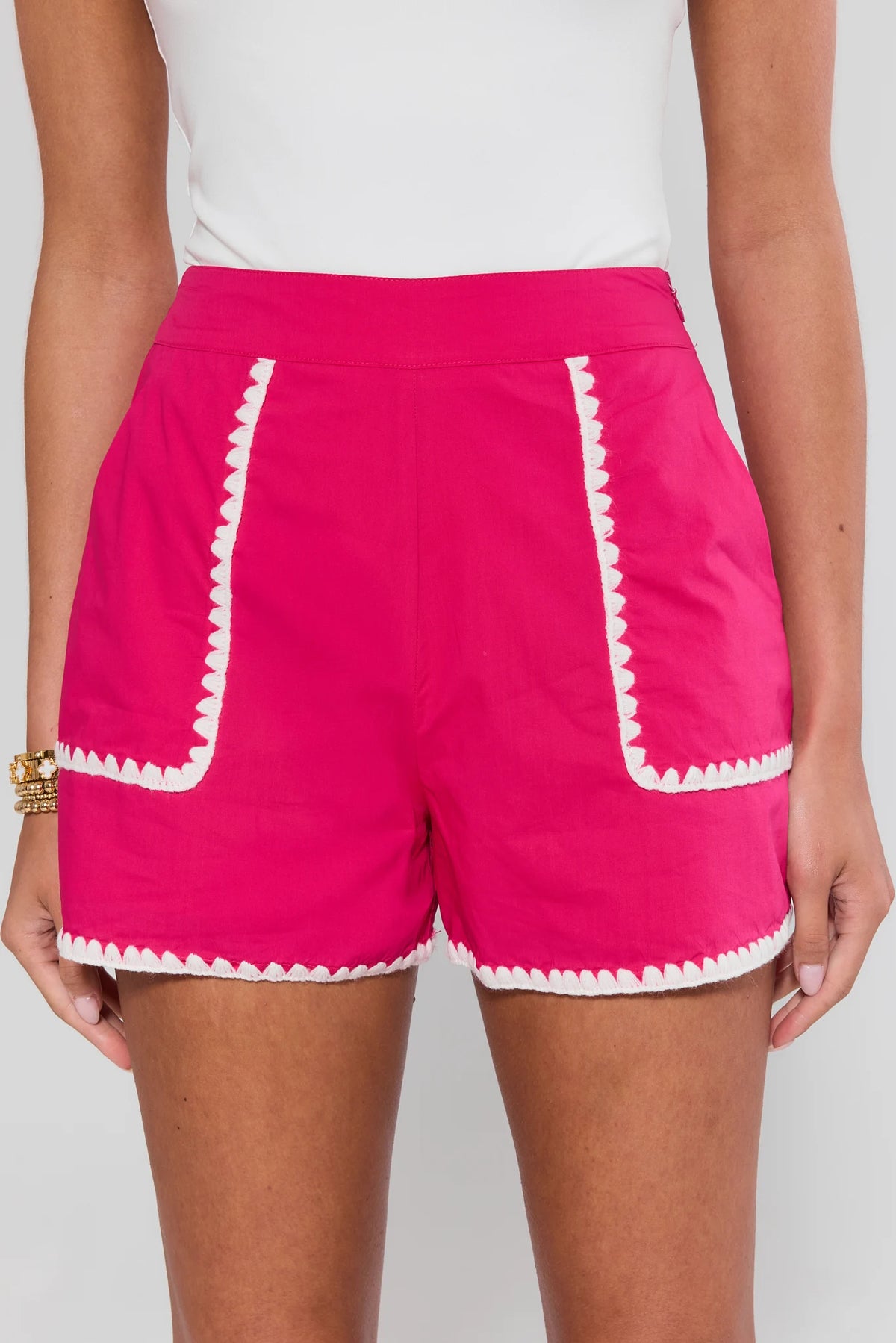 Pink London Stitched Trim Shorts with white whipstitch detail - Front View, On Model | Avara