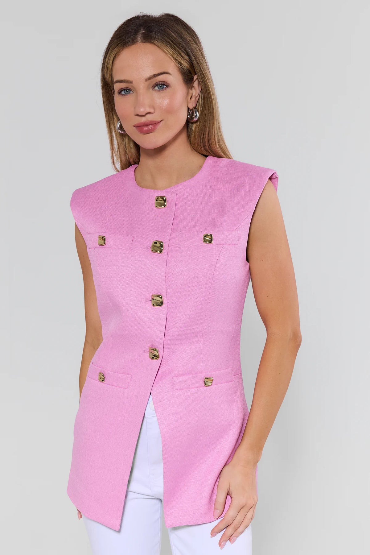 Jess Pink Button Up Vest tailored sleeveless silhouette on model - Front View | Avara