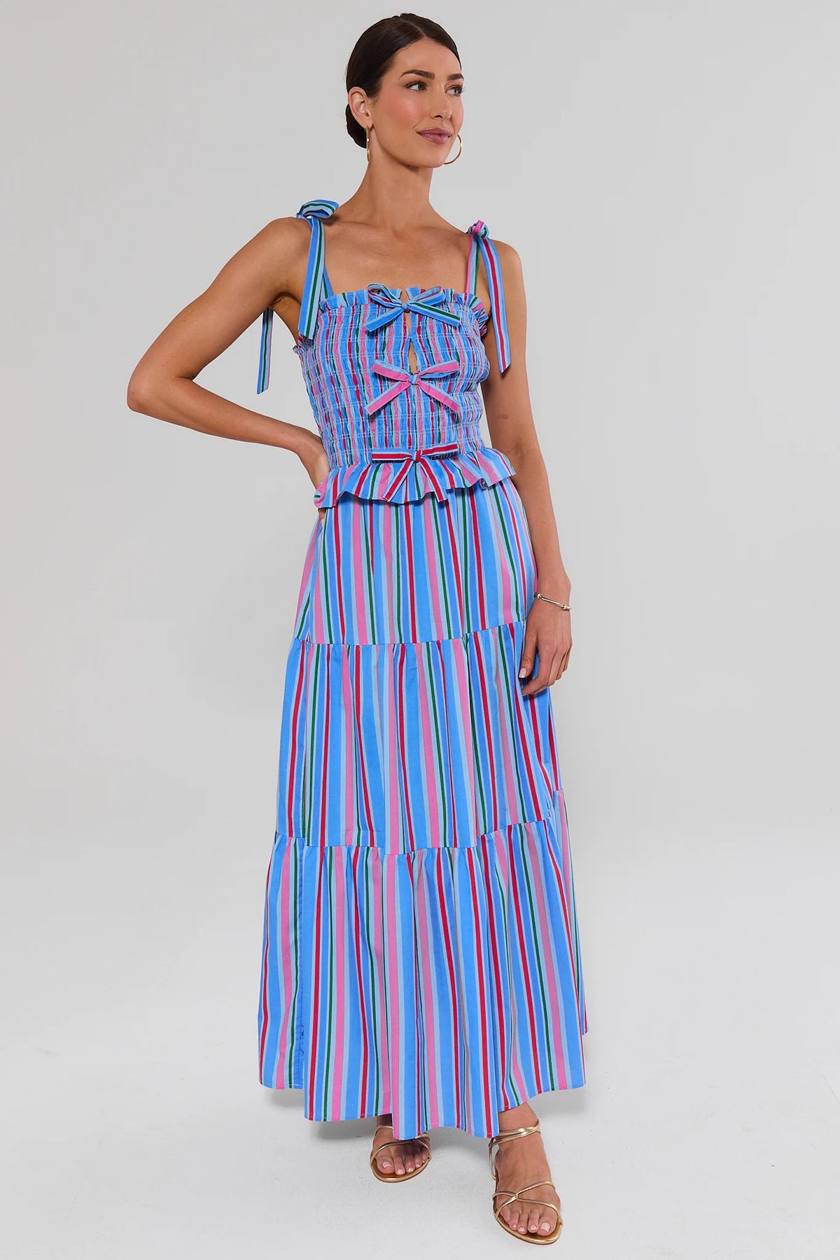 Margot Blue Striped Maxi Dress - Smocked Bodice Front View, Colorful Striped Maxi Dress | Avara