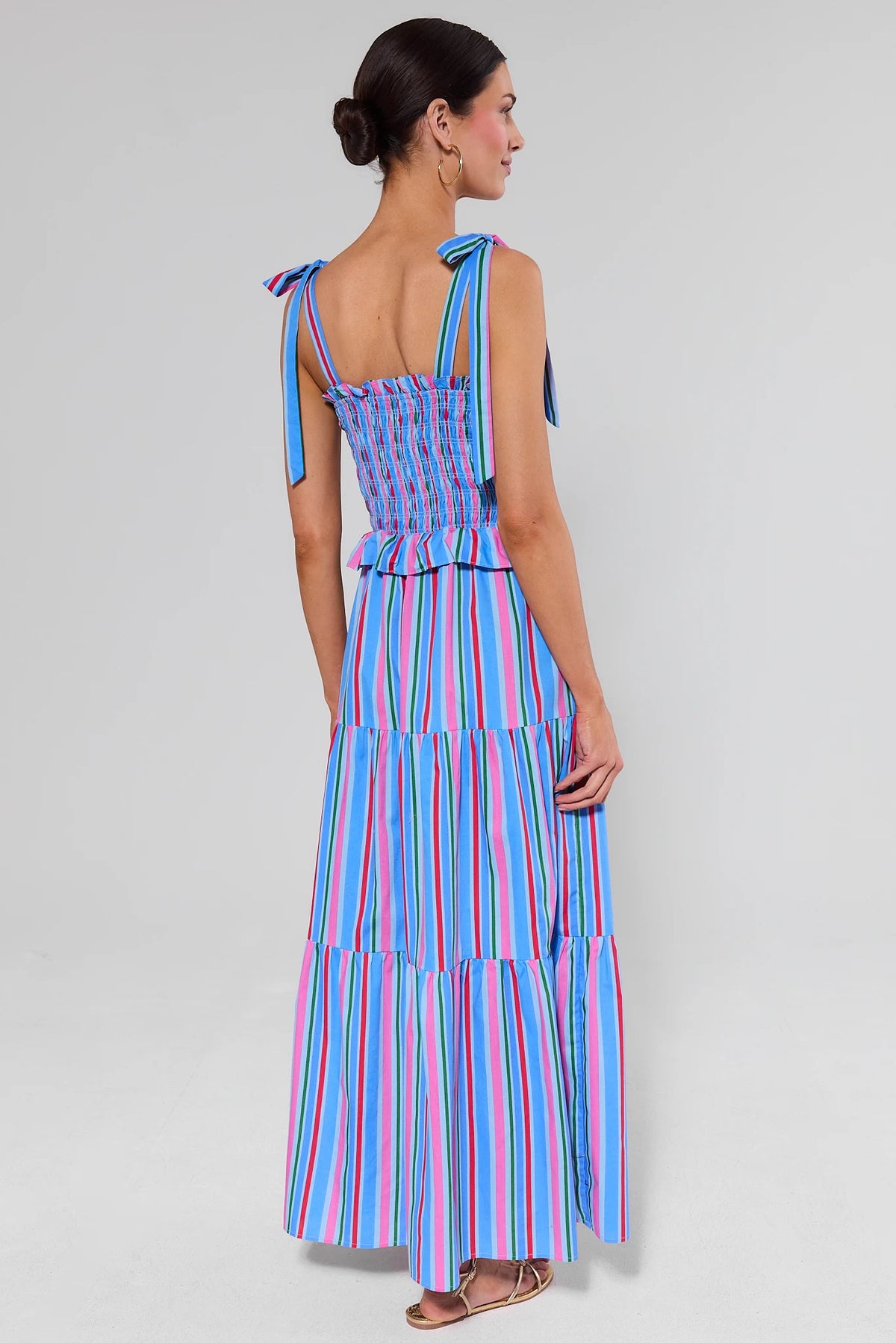 Margot Blue Striped Maxi Dress - Back View, Smocked Back & Self-Tie Straps | Avara