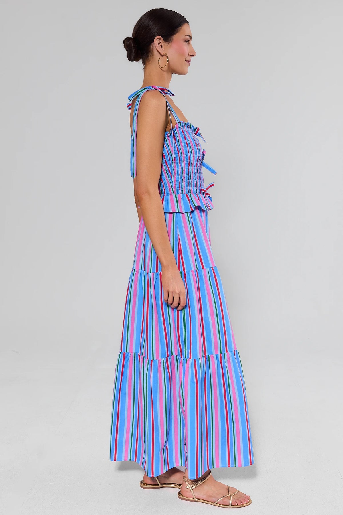 Margot Blue Colorful Striped Maxi Dress - Side Profile, Tiered Flowy Skirt | Avara
