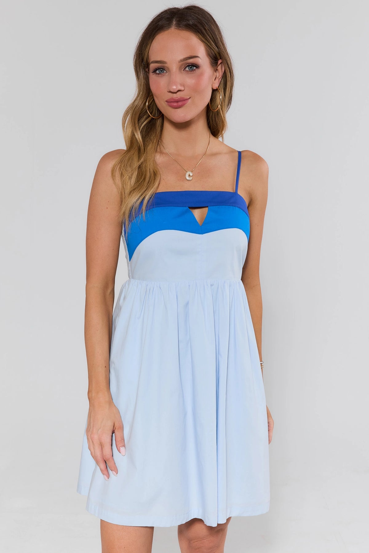 Tatum Blue Colorblock Short Dress, royal and light blue A-line with keyhole detail - Front View | Avara
