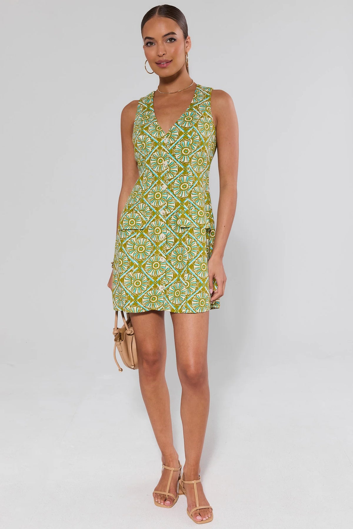 Seraphina Green Printed Short Dress, full-length front view with neutral sandals, cute dress | Avara