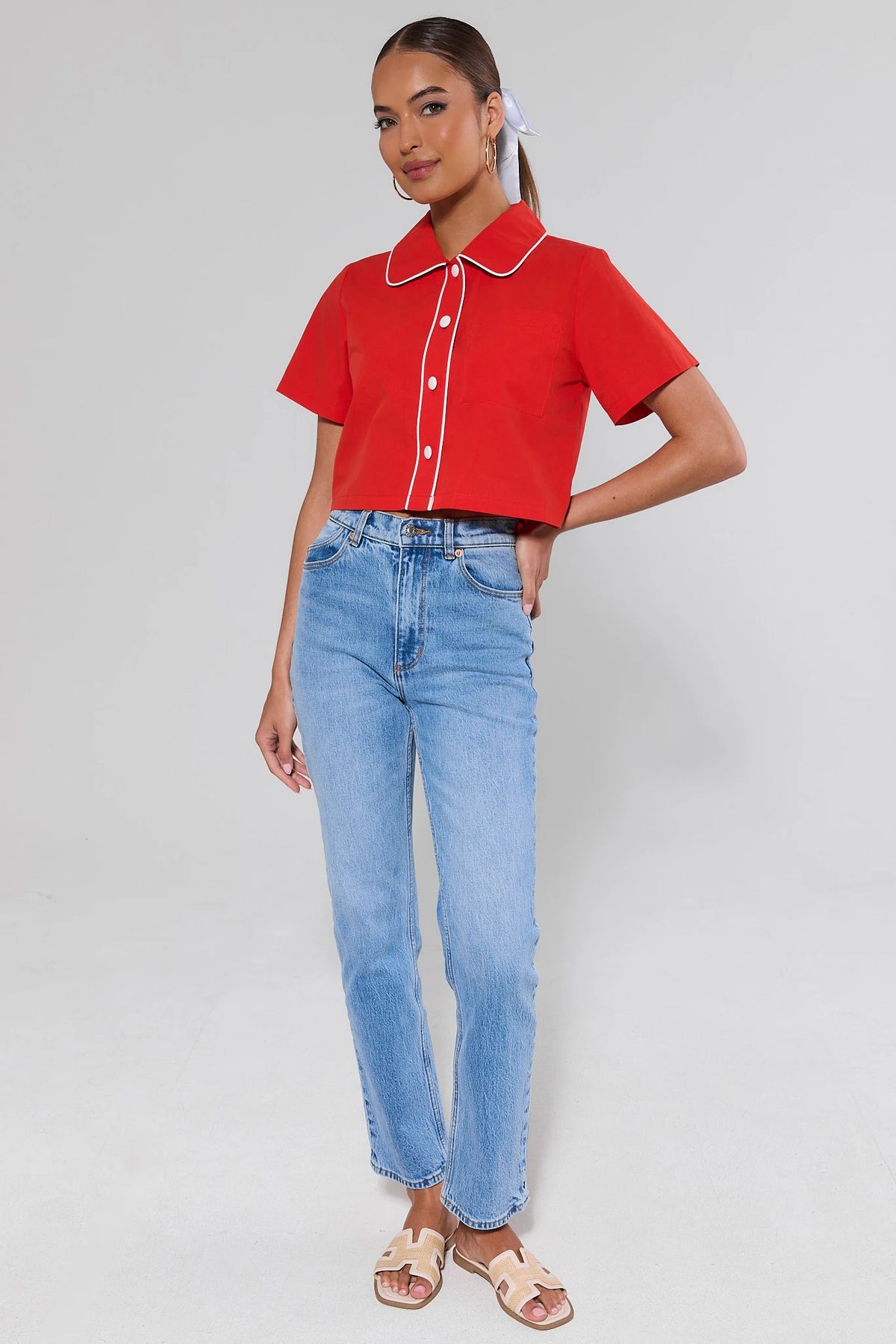 Belle Red Contrast Trim Top cropped silhouette with white piping, full-length front view styled with denim | Avara