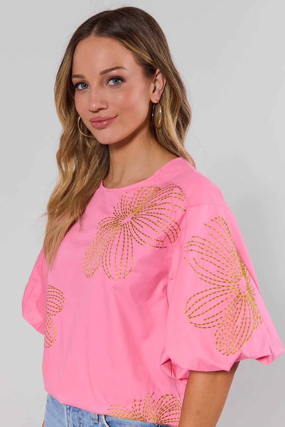 Pink Tara Embroidered Top gold floral embroidery and balloon sleeves - Side Close-Up Detail | Avara