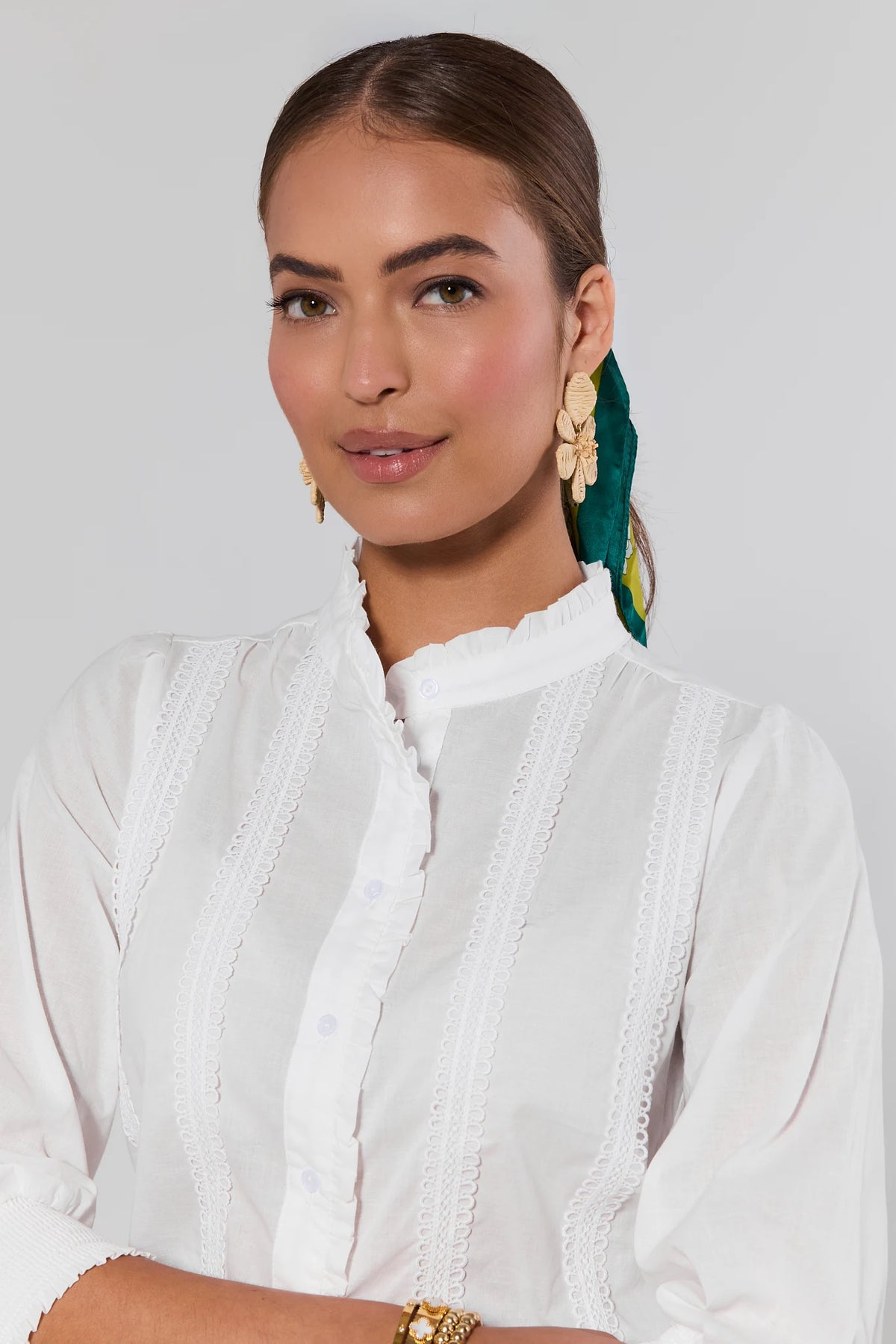 Archer White Button Up Top close-up showing lace-inset trim and ruffle collar - Detail View | Avara