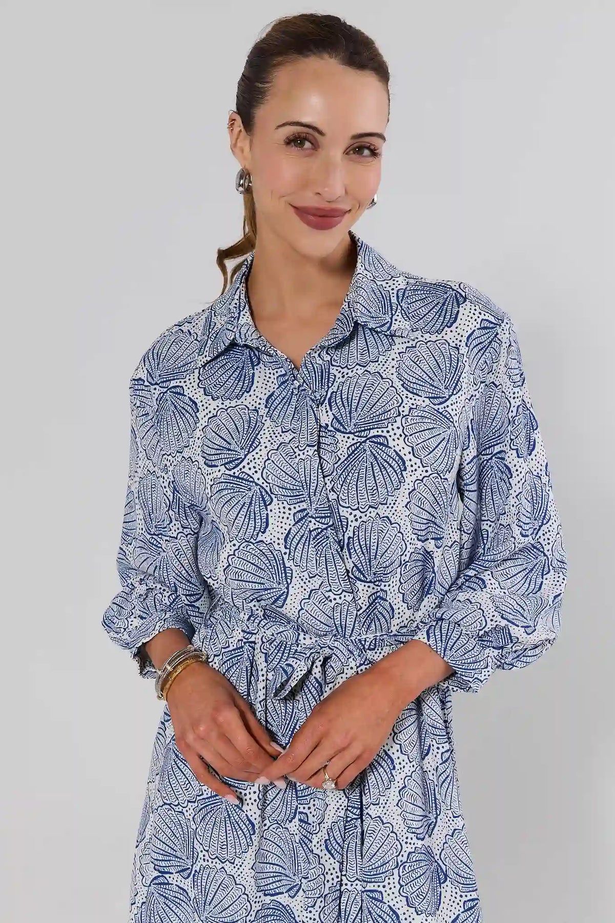 Helen Blue Shell Print Midi Dress - Close-Up Collar & Long Sleeve Detail | Avara