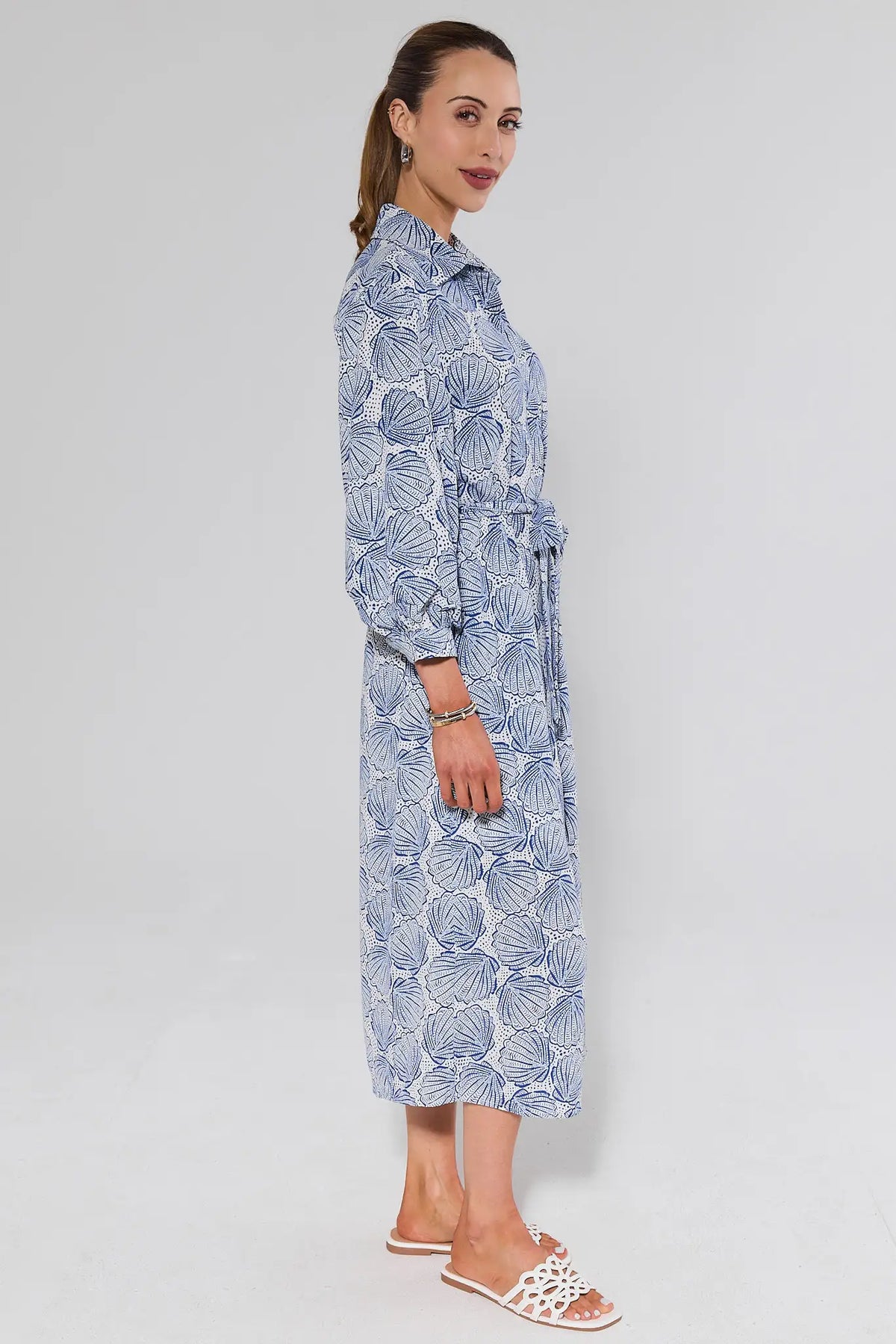 Helen Blue Shell Print Modest Midi Dress - Side Profile Full Length View | Avara