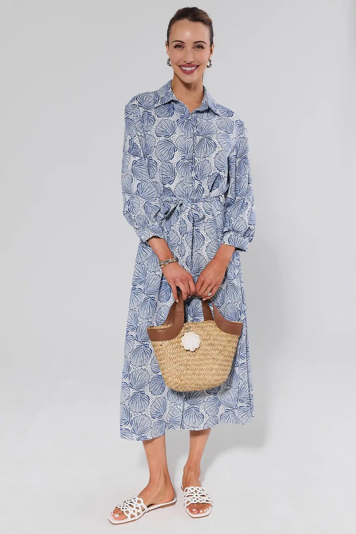 Helen Blue Shell Print Modest Midi Dress - Front View with Straw Bag | Avara