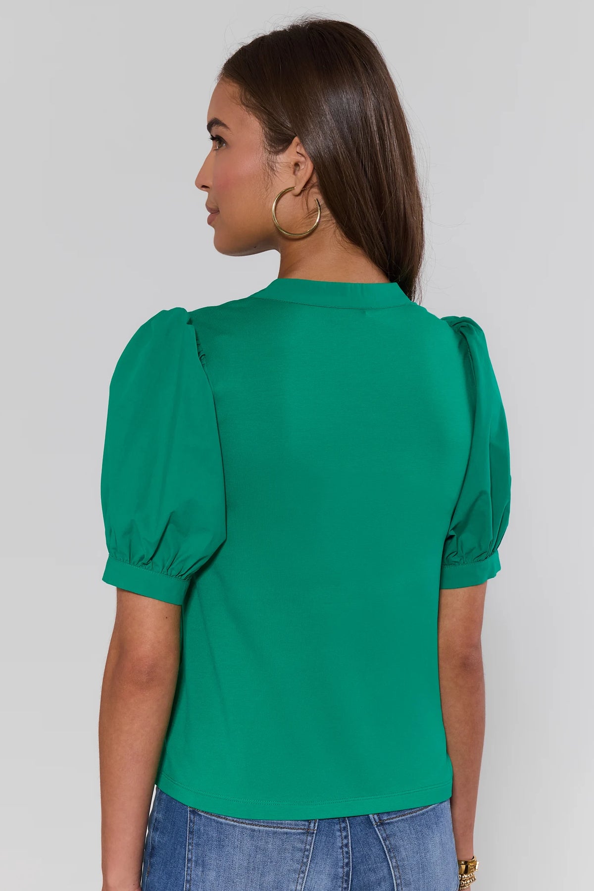 Green Puff Sleeve Button-Front Top - Back View On Model with Jeans | Avara