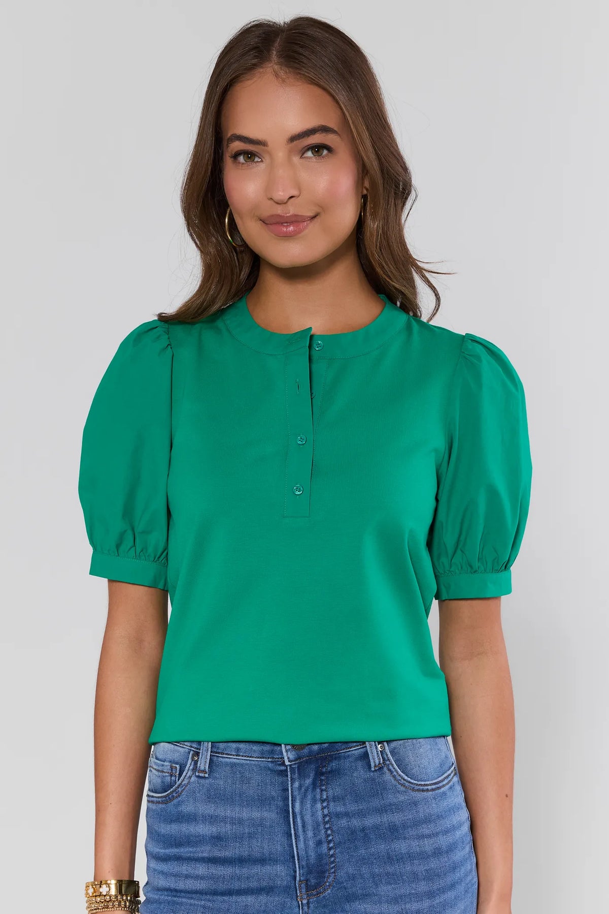 Green Puff Sleeve Button-Front Top - Front View On Model with Jeans | Avara