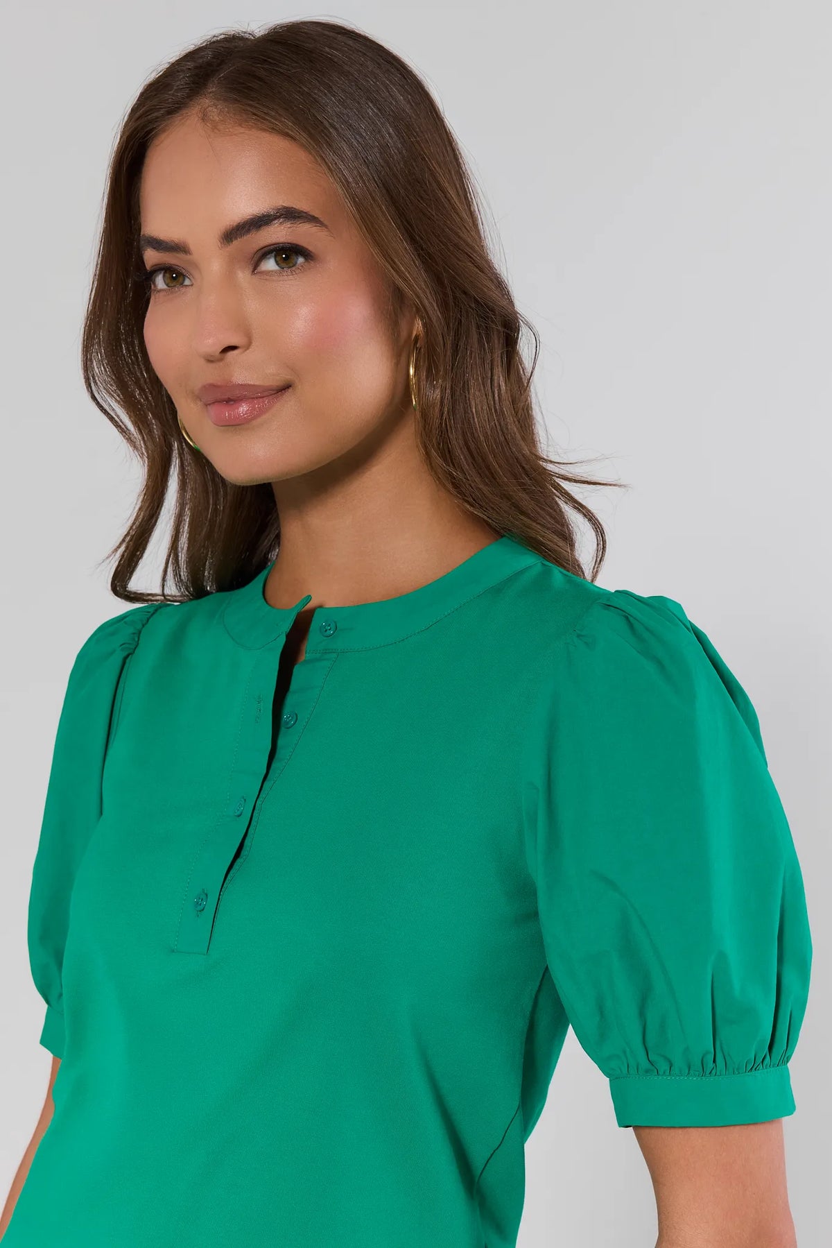 Green Puff Sleeve Top - Close-Up Button & Sleeve Detail, Side Angle | Avara