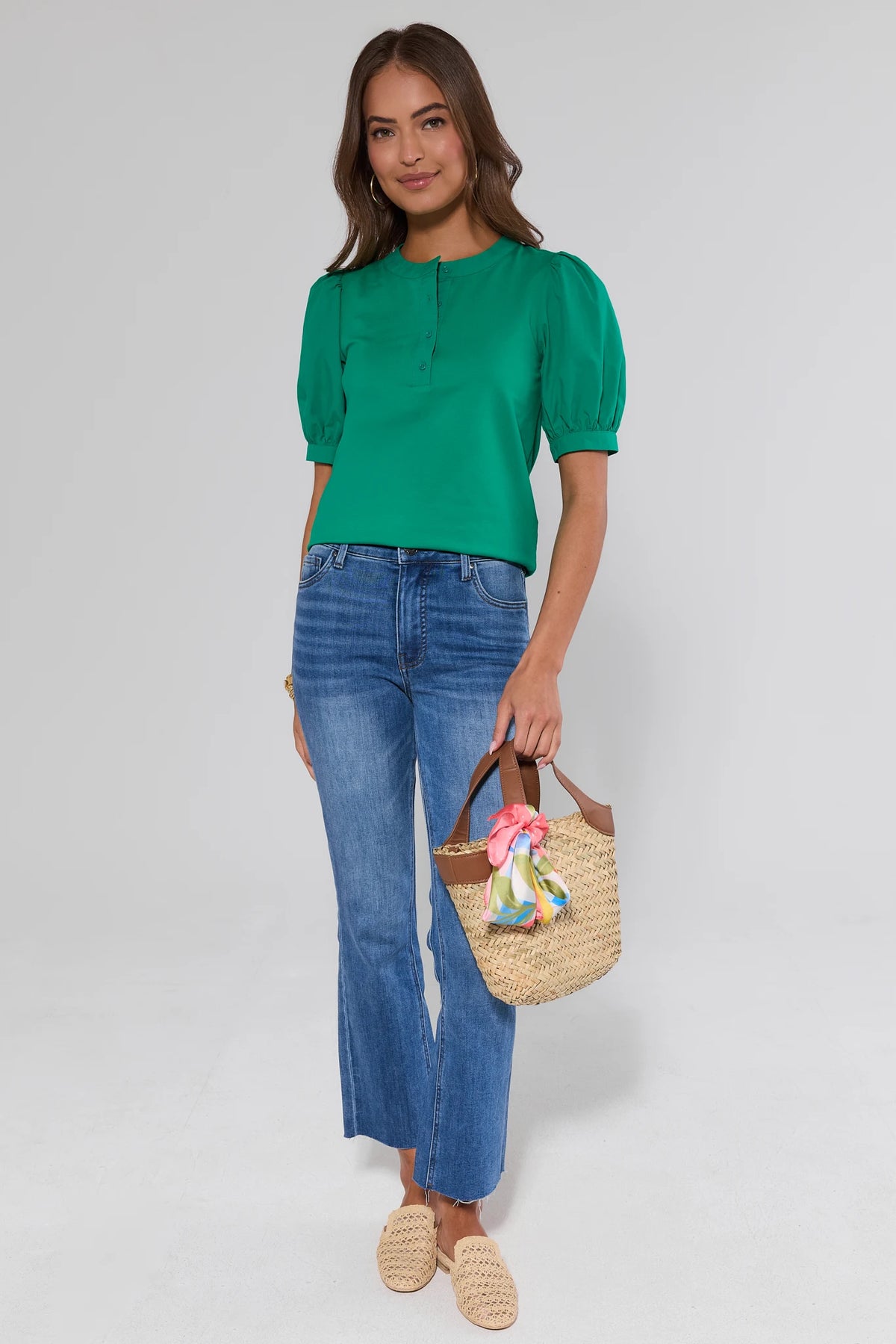 Green Puff Sleeve Top Styled with Jeans and Straw Bag - Full Length Look | Avara