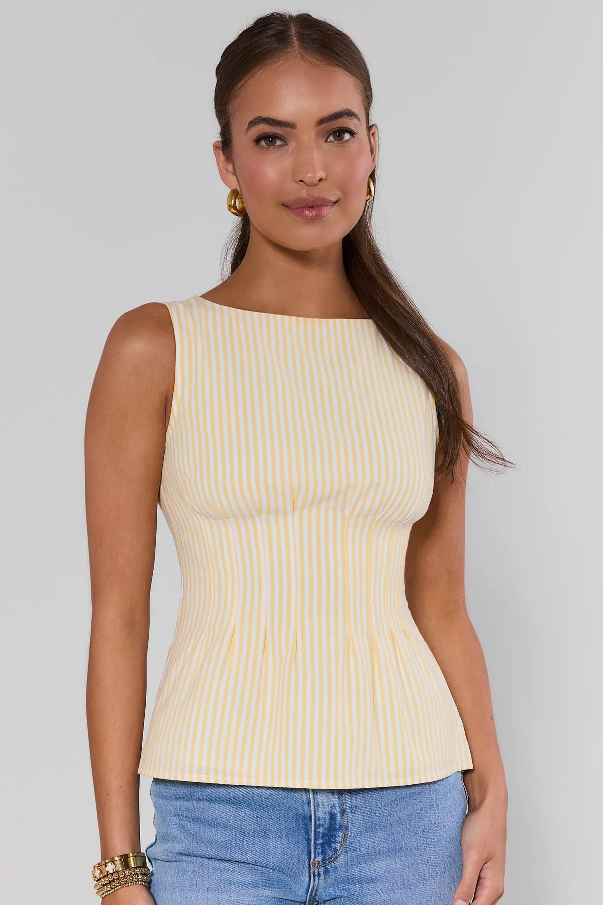 Yellow Striped Peplum Tank Top with Bateau Neckline - Front View On Model | Avara