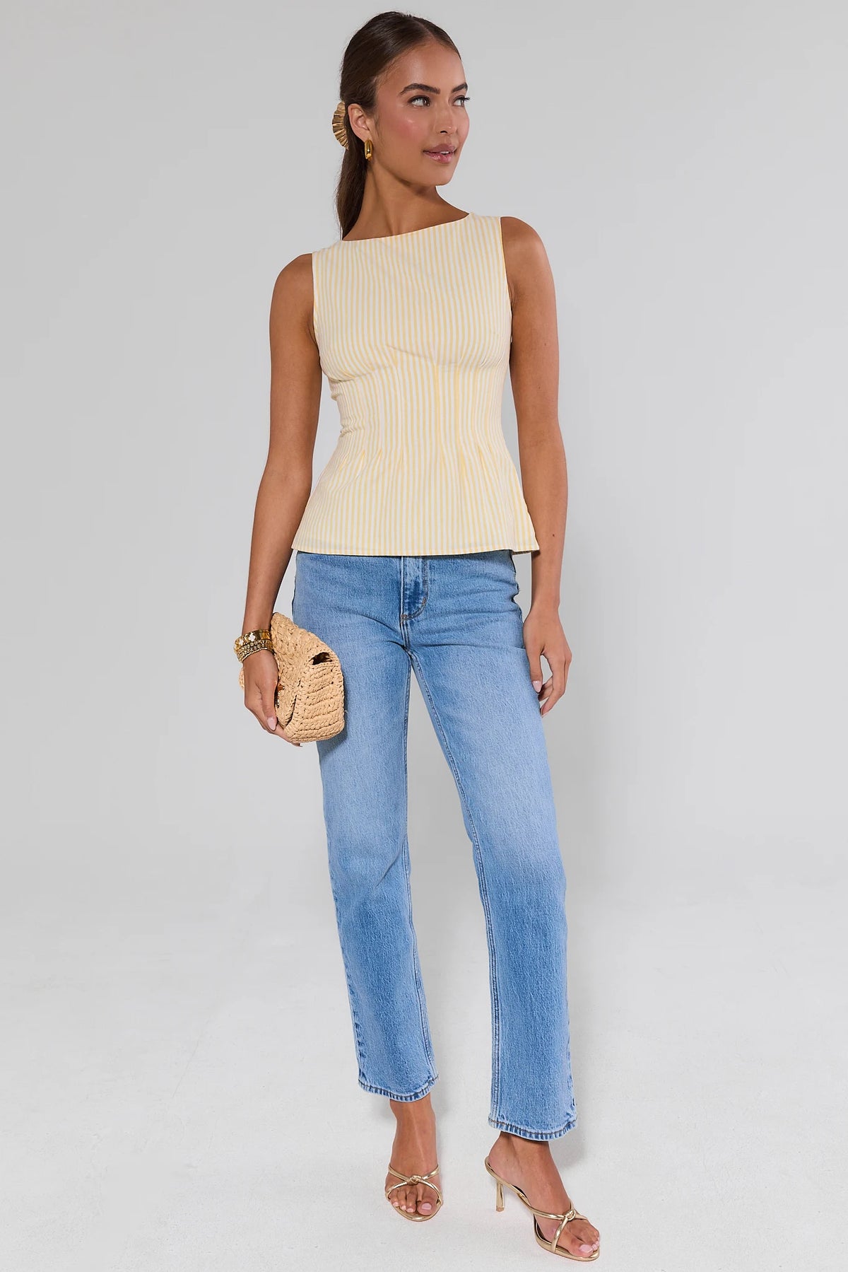 Yellow Striped Peplum Tank Top styled with blue jeans - Full Length On Model | Avara
