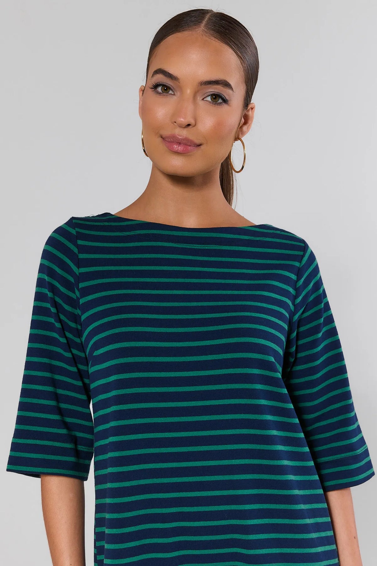 Close-up of green and navy striped shirt dress with boat neckline detail and 3/4 sleeves - Detail View | Avara