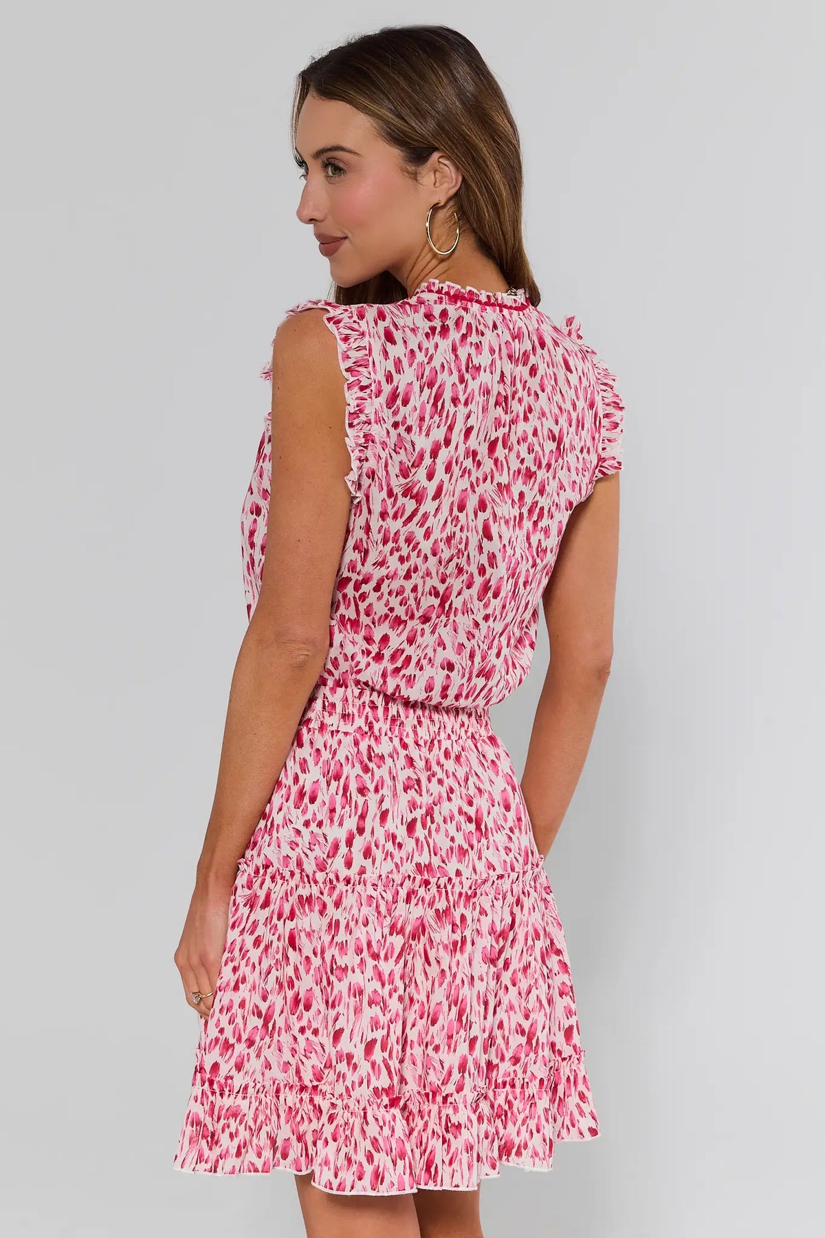 Estie Pink Printed Short Dress smocked waist and ruffle cap sleeve - Back View | Avara