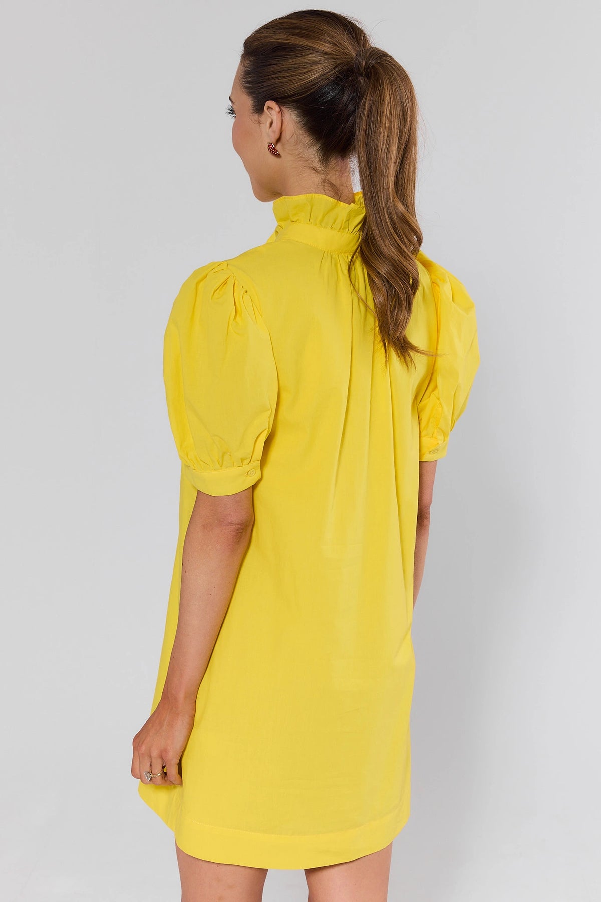 Yellow Ruffle Collar Puff Sleeve Short Dress - Back View on Model | Avara