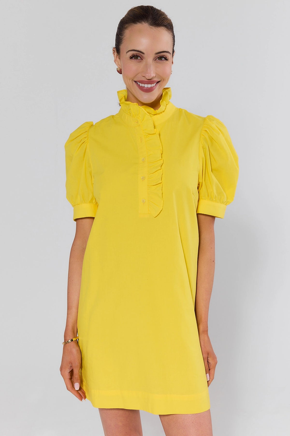 Yellow Ruffle Collar Puff Sleeve Short Dress - Front View, Cute Dress for Women | Avara