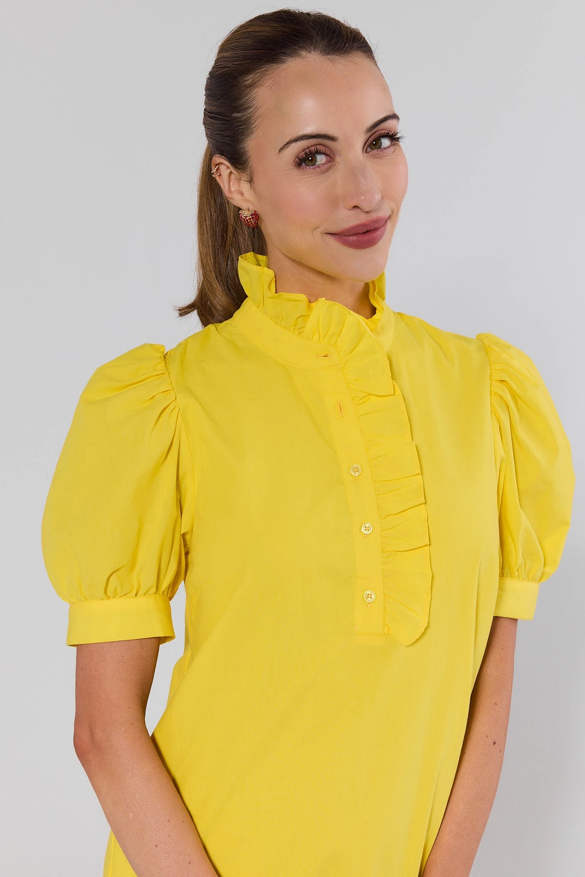 Yellow Puff Sleeve Short Dress - Close-Up of Ruffle Collar & Button Detail | Avara