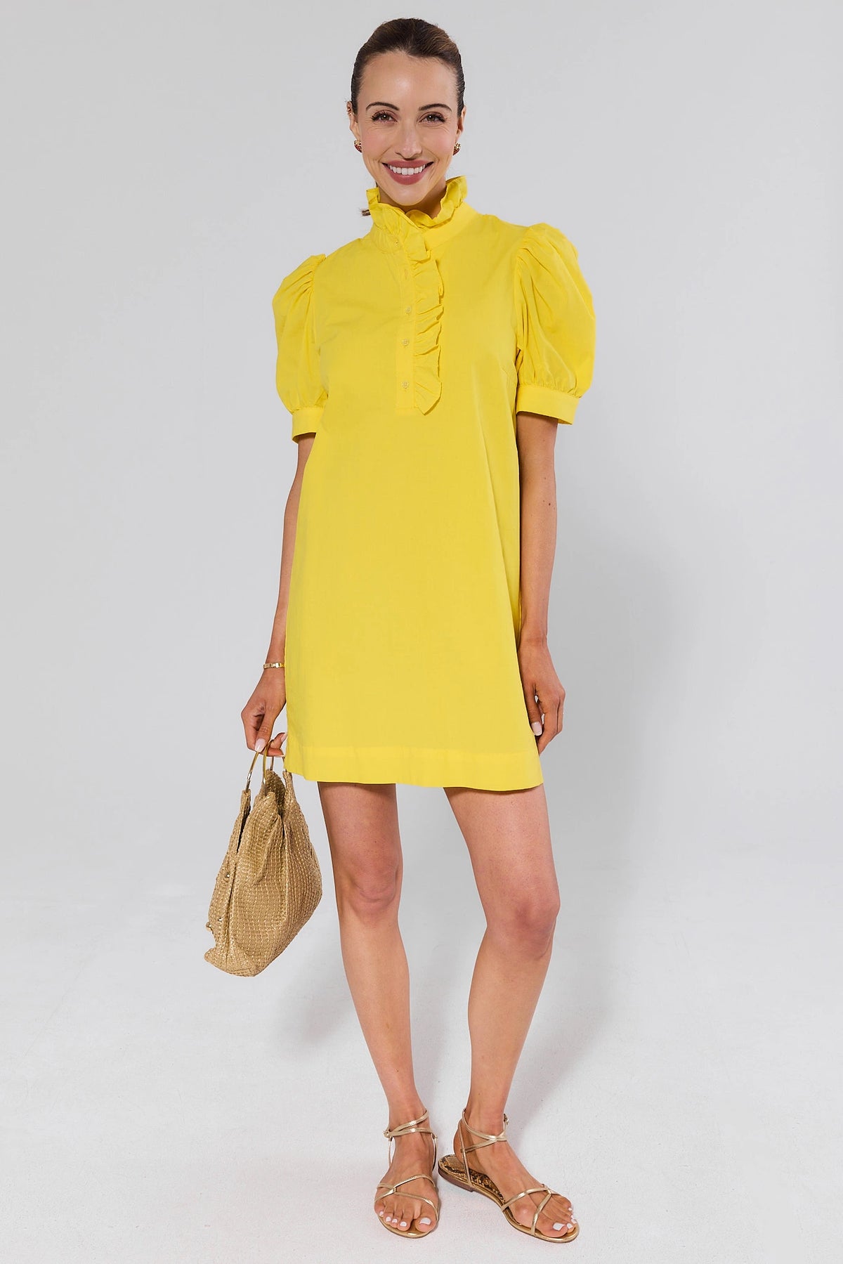 Yellow Ruffle Collar Short Dress styled with gold sandals and woven bag - Full Length | Avara