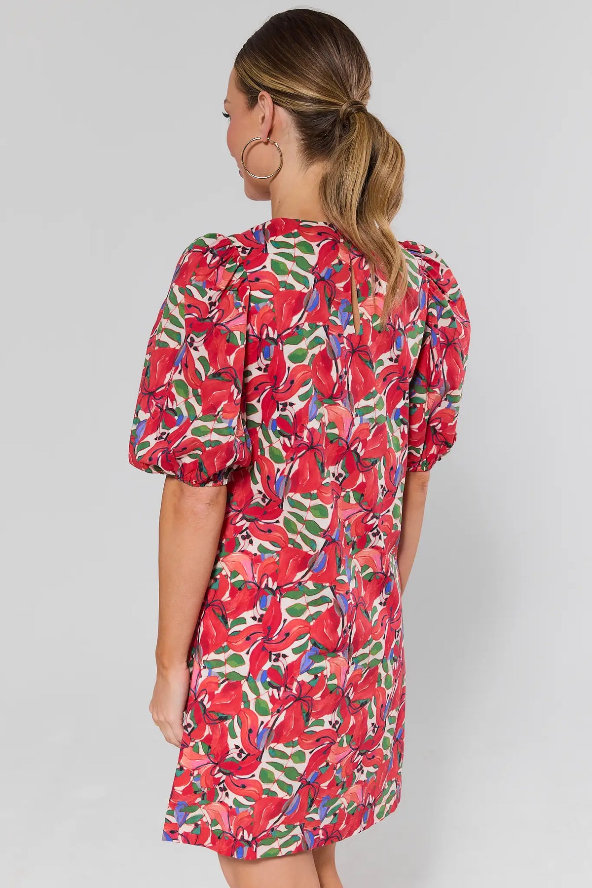 Red Multi Printed Shift Dress back view showing keyhole and puff sleeve detail | Avara