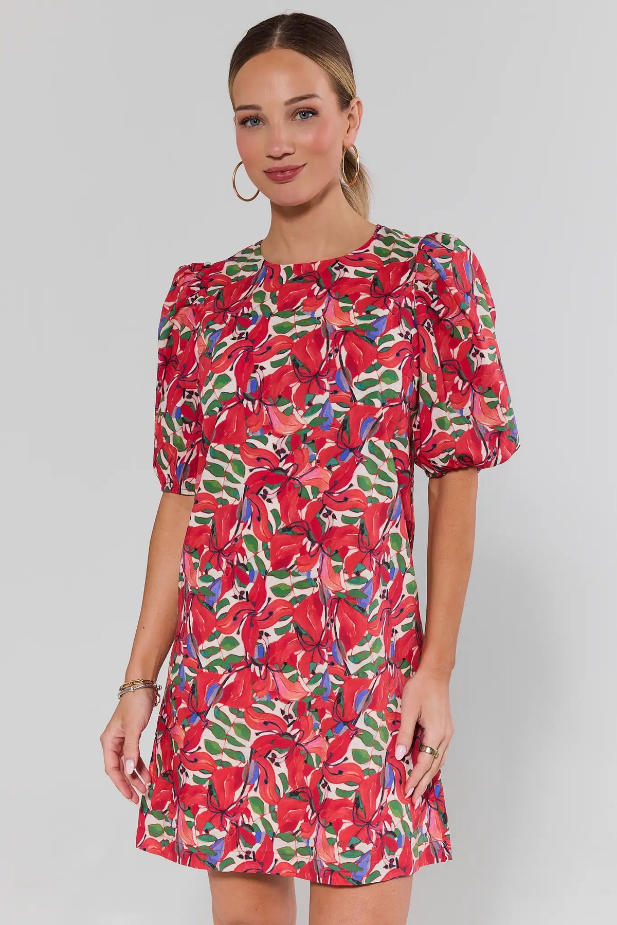 Red Multi Printed Shift Dress with puff sleeves, front view on model | Avara