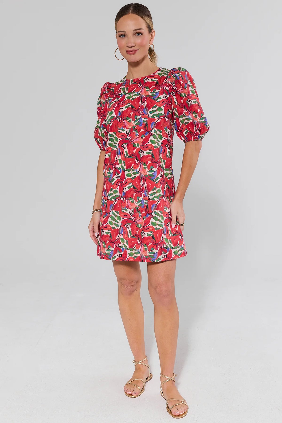 Red Multi Printed Shift Dress styled with gold sandals, full-length front view | Avara