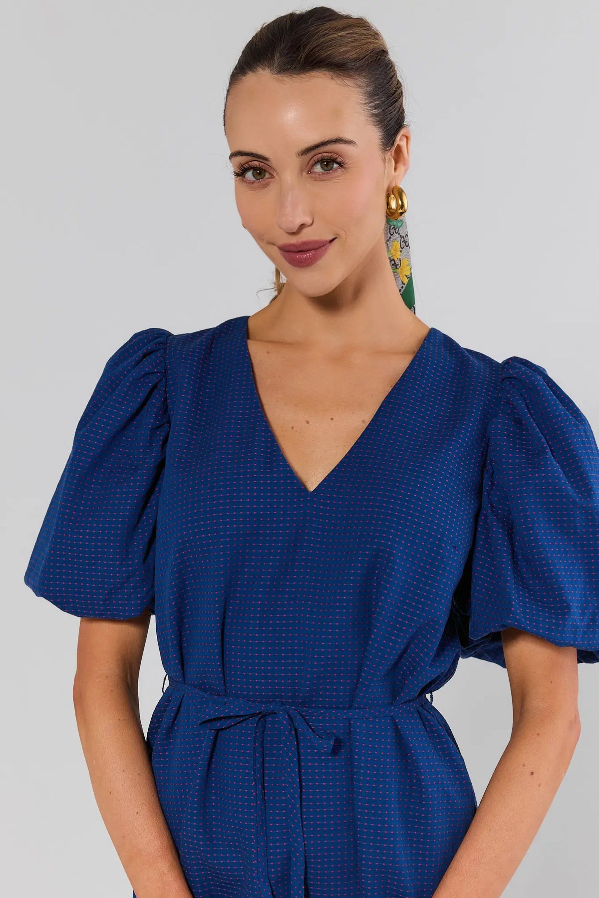 Navy micro-dot embroidered short dress puff sleeve and V-neckline close-up detail - Front Close-Up | Avara
