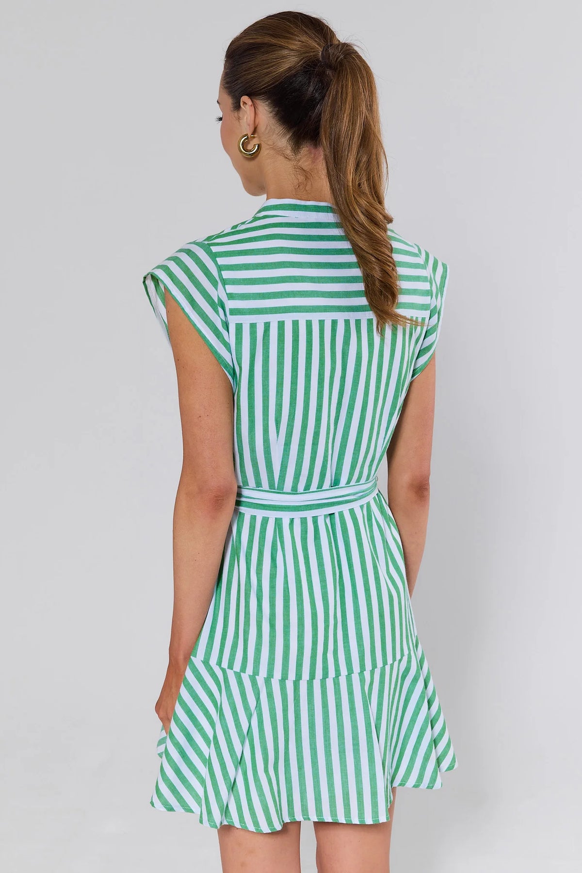 Erica Green Striped Short Dress - Back View showing striped A-line silhouette and belted waist | Avara