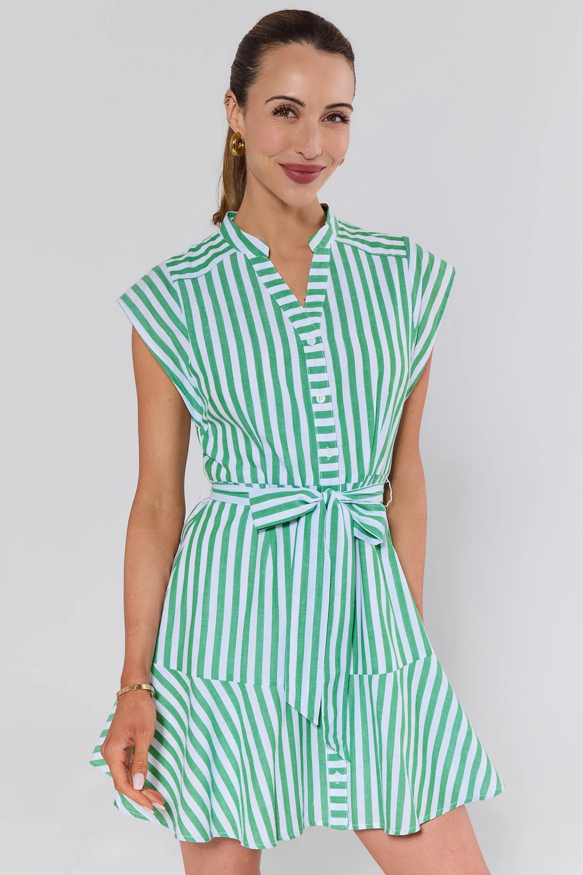 Erica Green Striped Short Dress - Front View, A-line silhouette with tie waist and button placket | Avara