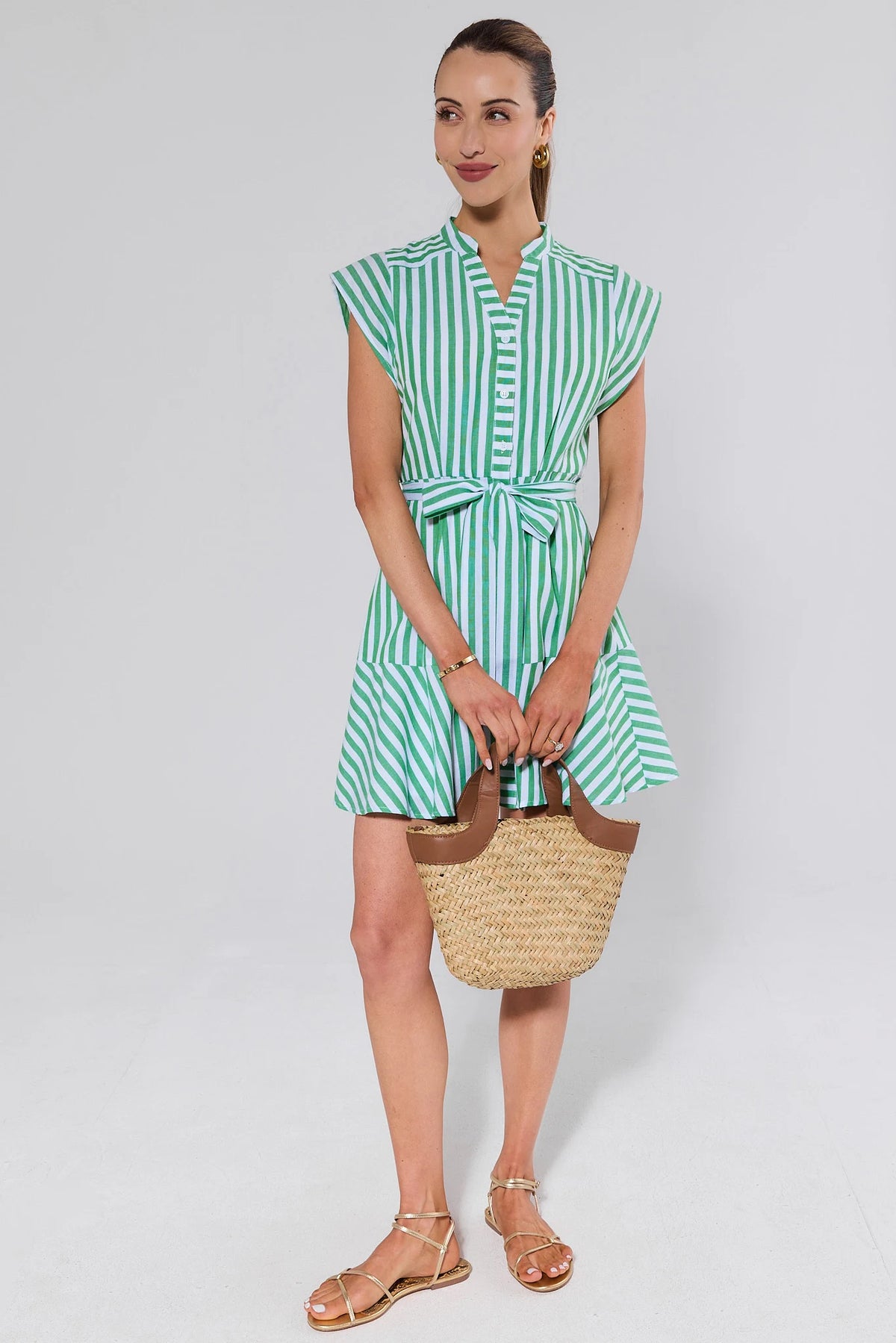 Erica Green Striped Short Dress styled with gold sandals and straw bag - Full Length Front | Avara