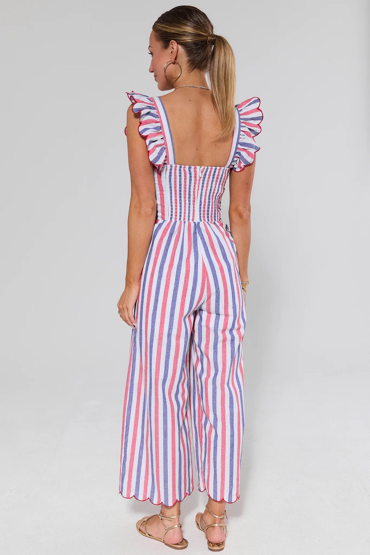 Multi Striped Flutter Sleeve Jumpsuit smocked back wide-leg - Back View | Avara
