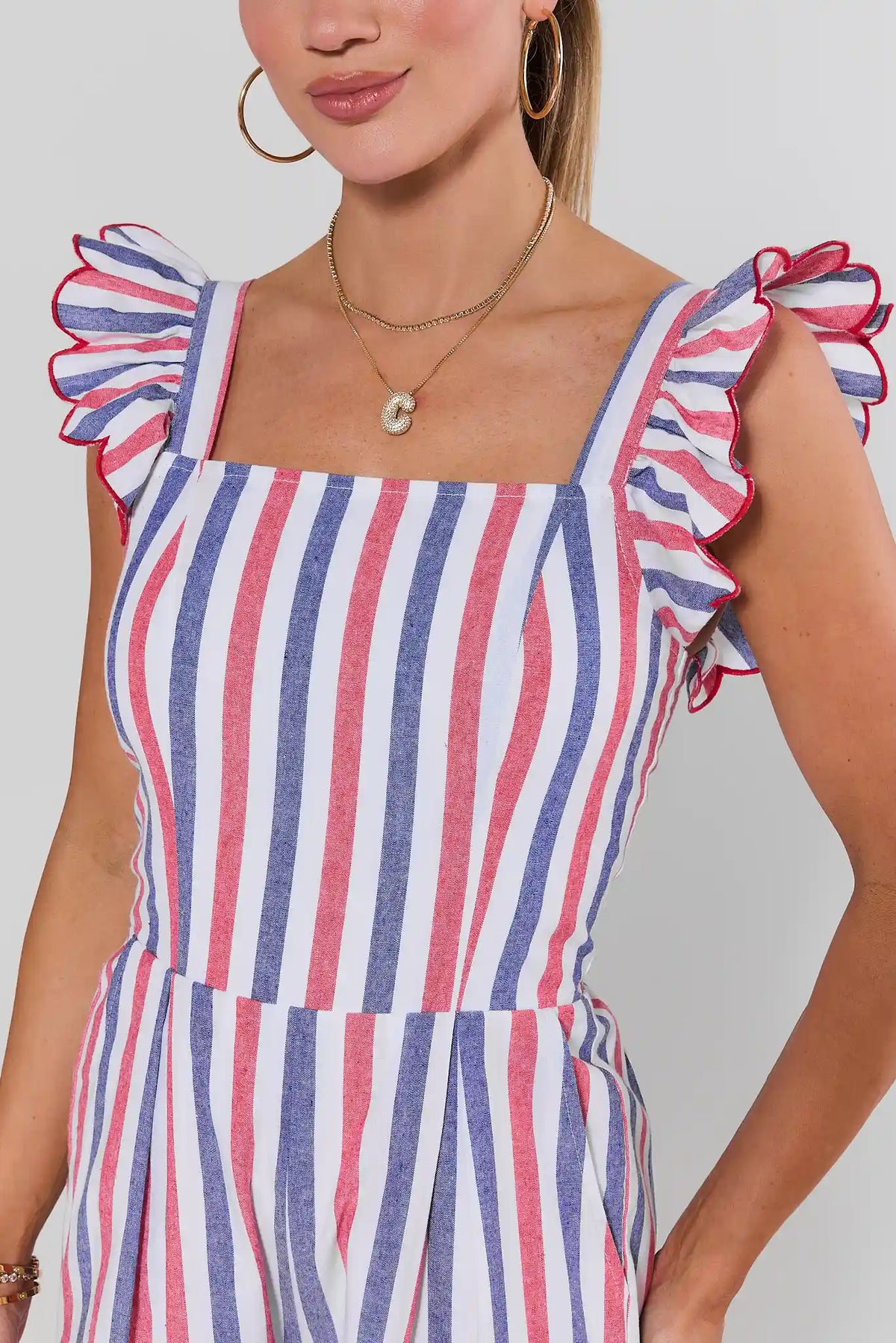 Multi Striped Flutter Sleeve Jumpsuit ruffle detail square neckline close-up - Front Detail | Avara
