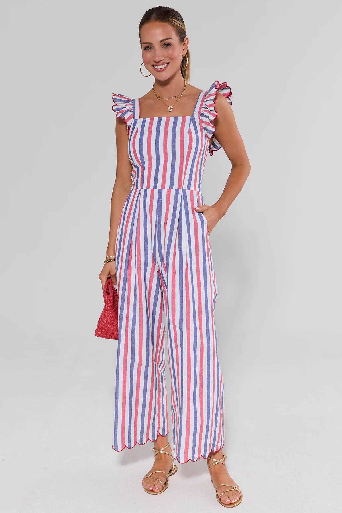 Red white blue Multi Striped Flutter Sleeve Jumpsuit wide-leg scallop hem - Front View | Avara